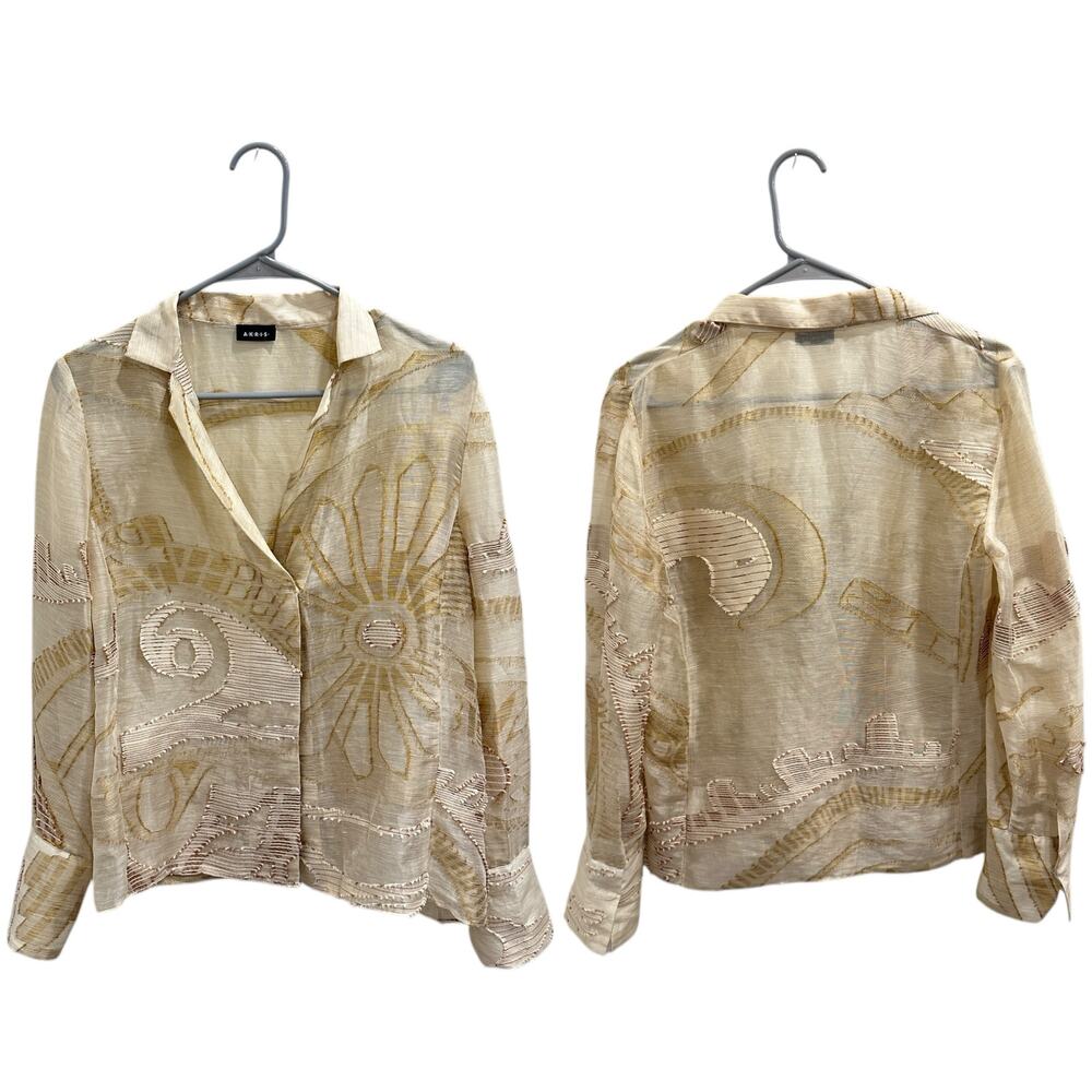 Akris Sheer Linen Silk Cotton Embroidered Abstract Boho Blouse Beige Gold Size 8